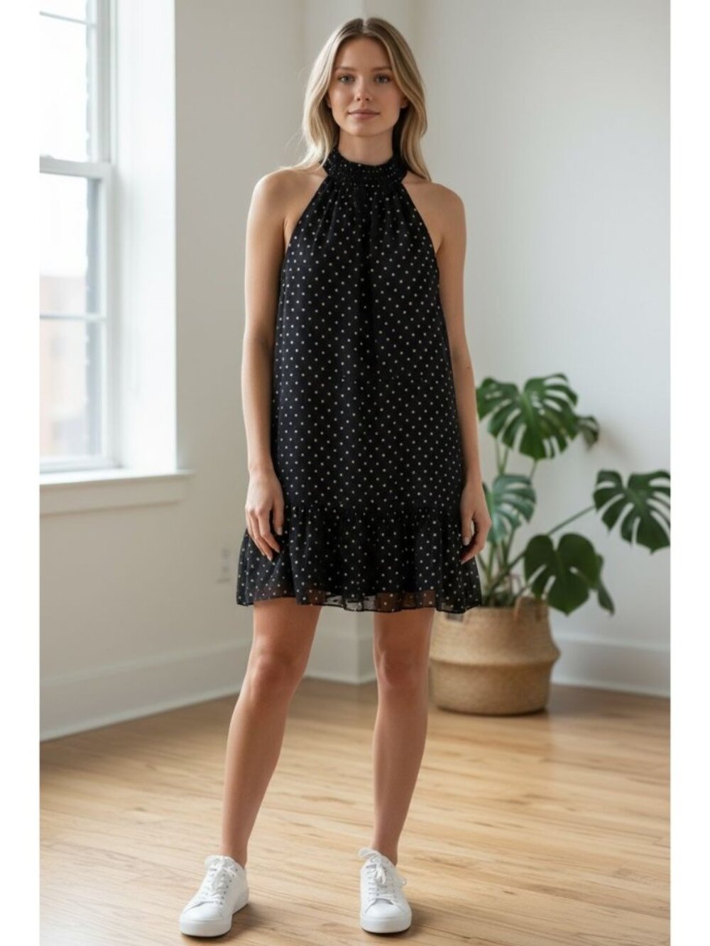Kensie Navy & Gold Polka Dot Smocked Halter Dress Size 8 - New With Tags